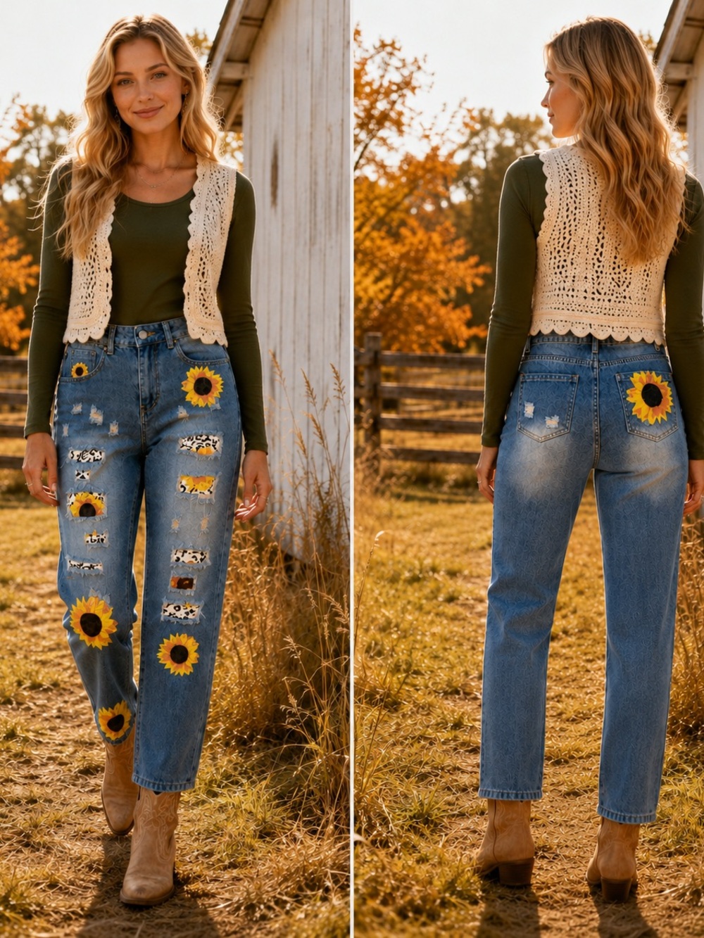 Women's Sunflower Patch Relaxed Jeans - Blue